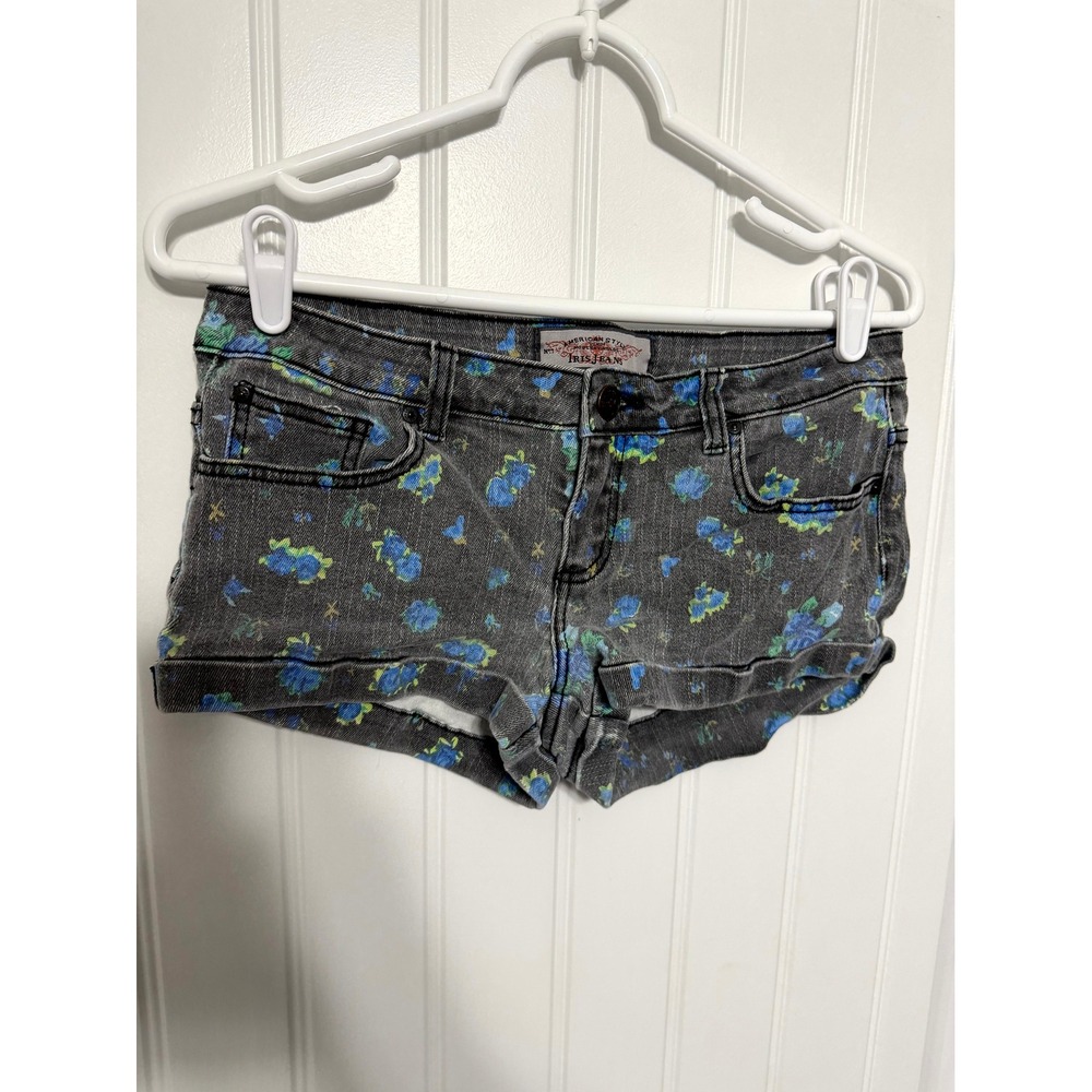 Iris Jeans Denim Shorts Womens Large Gray Blue Floral Rose Print Cuffed Mini